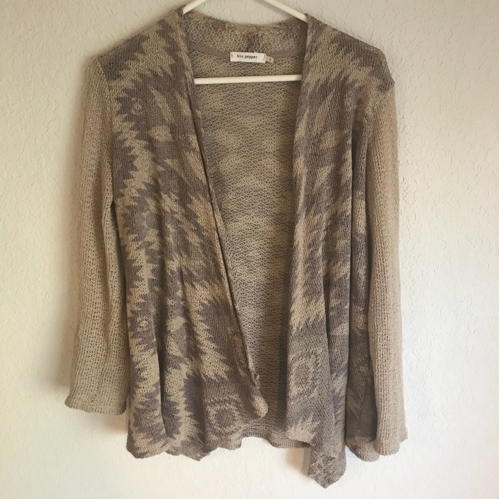 Blue Pepper tan and gray cardigan with aztec print